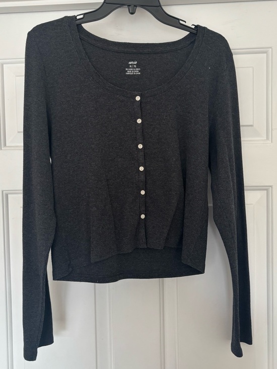 aerie Tops - Aerie Long Sleeve Ribbed Henley Top XL Grey Heather Soft Stretch Button Front